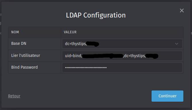 Formulaire ajout LDAP (paramètres de l'utilisateur)