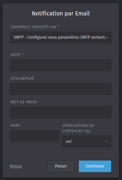 Formulaire configuration serveur SMTP