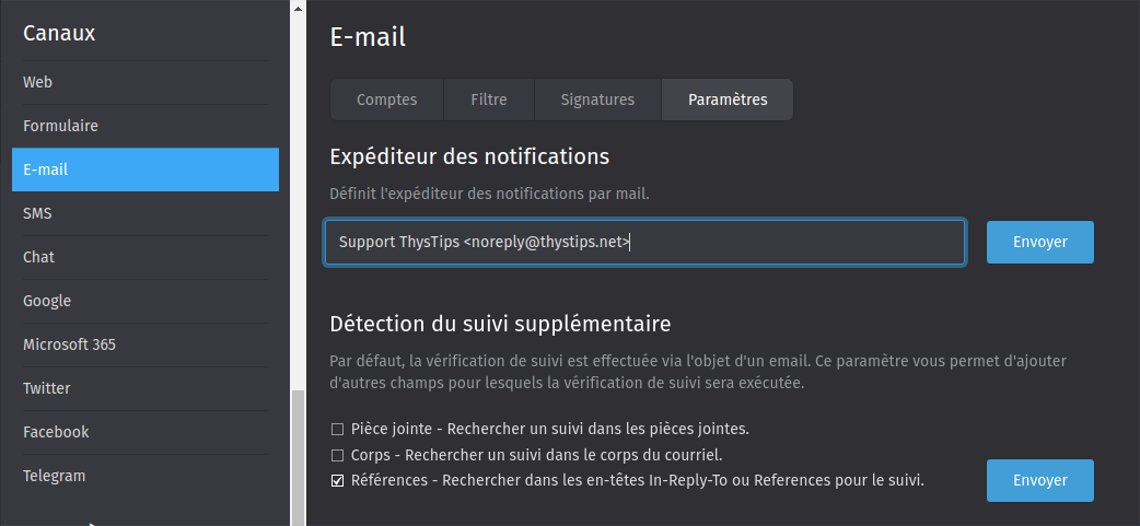 Formulaire de paramètres des canaux emails